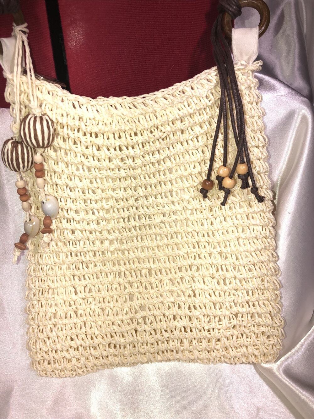 Sun n Sand Purse Weaved Boho Tassel Ivory Beaded Strap Cross Body